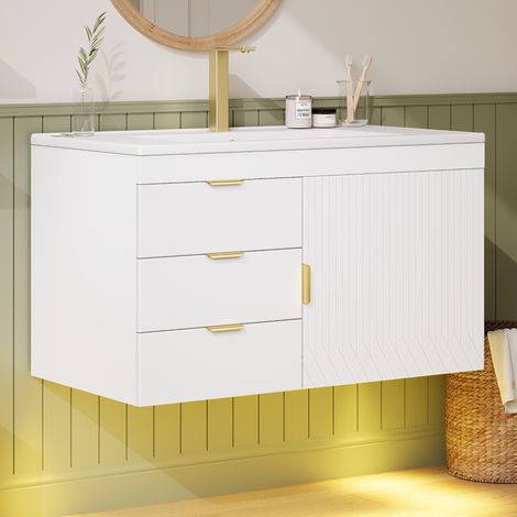 Mueble de baño con lavabo 77x47x51 cm, suspendido, con iluminación LED y App, MDF blanco (1/5)
