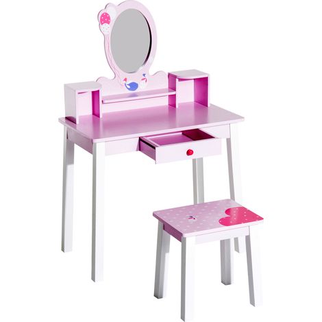 Kids Wooden Dressing Table Stool Make Up Desk (Pink) (1/5)