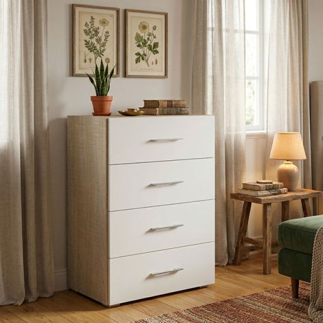 Dmora - Cajones Dmagli, Cajonera con 4 cajones para dormitorio, Mueble multiusos para oficina o estudio, 60x41h87 cm, Roble y Blanco (1/5)
