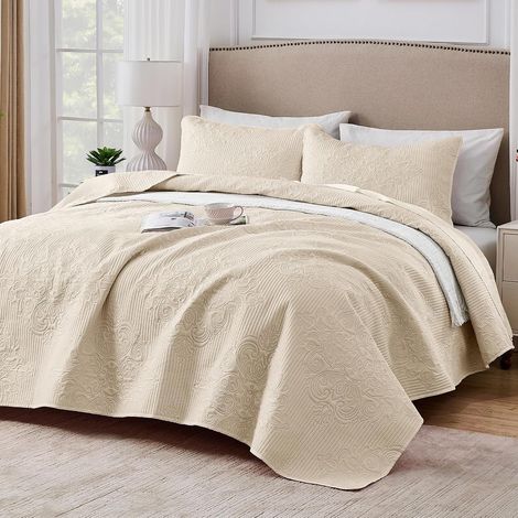 Couvre Lit Dessus de Lit et Boutis matelassé Ultrasonique en Microfibre Brossée Douce et Légère (220x240cm-Beige) (1/5)