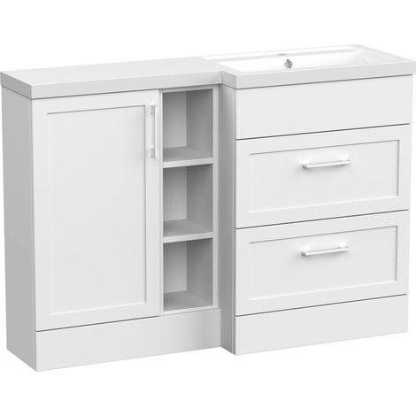 Pirehill Traditional Floor Standing 2 Drawer 1 Door Vanity Basin Unit with Shelves and Basin, Right Hand, 1200mm, Matt White (1/4)