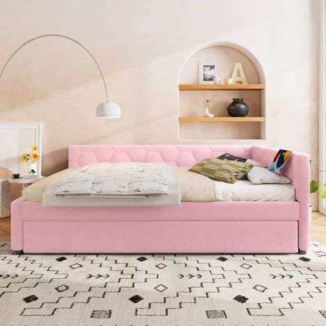 Lit banquette 140 x 200 cm, convertible, avec lit tiroir, usb type-c, lampe, tissu confort rose (1/5)