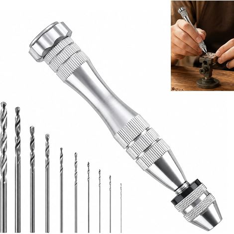 Mini Perceuse à Main, Perceuse Manuelle Précision avec 10 Forets 0,8 à 3 mm, Outil Perçage DIY Bois Plastique Résine Bijoux Modélisme, Drill Pin Vise Compact Portable Acier Inox Durable et Ergonomique (1/5)