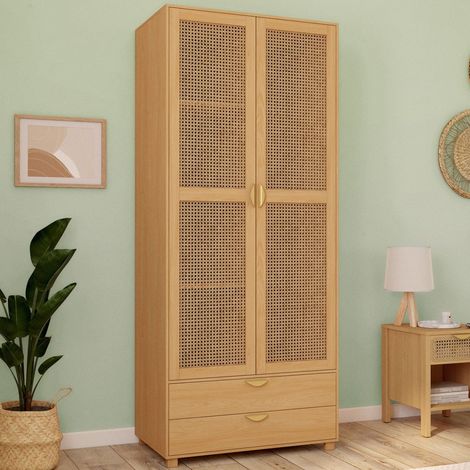 Armario de 2 puertas EDHEN de madera y mimbre Armario de 80 cm con 2 cajones y estantes (1/5)