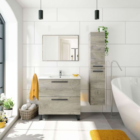 Pack de Baño Athena Estilo Natural en Color Roble Alaska con Mueble de Baño, Lavabo, Espejo y Columna de Baño