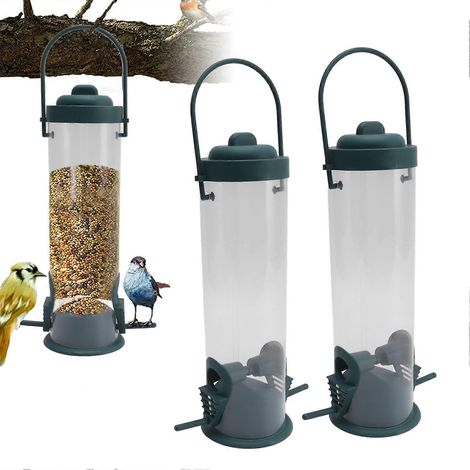 Set aus 2 bissfesten, röhrenförmigen Vogelfutterhäuschen mit doppelter Öffnung und Belüftungslöchern zum Aufhängen im Garten. (1/5)