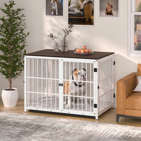 Hundekäfig Hundehaus Indoor, Hundehütte aus Holz und Metall, 3 Türen, abnehmbare Tablett, DIY Kombination Hundebox kleine Hunde, Weiß M 78x56x65 cm