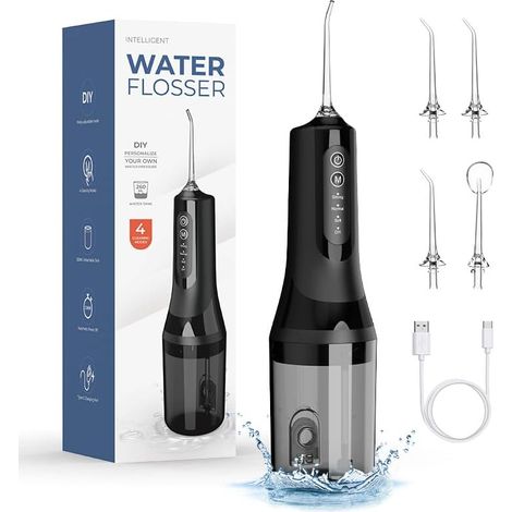 Detartreur Dentaire,Water Flosser, Irrigateurs Oral, Avec 4 Modes de Pression d'Eau et 5 Embouts RemplaçAbles, 260 ml, USB Rechargeable et éTanche IPX6 pour Les Voyages et La Maison (Blanc) (Noir) (1/5)
