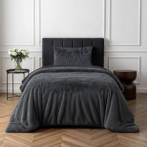 Parure de lit en Polaire à Poils Longs Imitation Fourrure Gris Anthracite Super Doux Facile d'entretien Housse de Couette avec taie d'oreiller pour lit Simple (135 cm x 200 cm) Polyester (1/5)