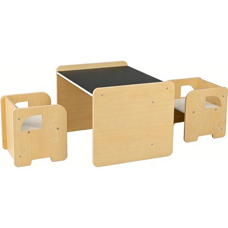 Ensemble table et chaises enfant 3 pièces naturel avec tableau noir et 2 tabourets, design Montessori pour chambre et salon