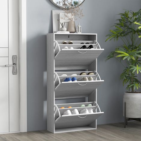 Meuble a chaussures avec 3 tiroirs abattants, etageres reglables sur 2 niveaux, range 12 paires, pointure EU 45, design etroit 57x23,5x116 cm, melamine effet bois, anti-basculement, entree, couloir, m (1/2)