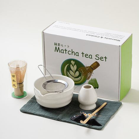 Service à matcha, 7 pièces, blanc – bol, fouet, cuillère et passoire – Cérémonie japonaise (1/5)