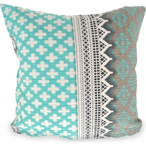 Funda de almohada de seersucker de 40x40 cm con estampado de encaje gris menta y lazos.