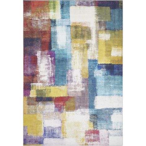 Tapis salon et chambre 160x230 jaune et bleu rectangle tissé motif faux uni NIKEL