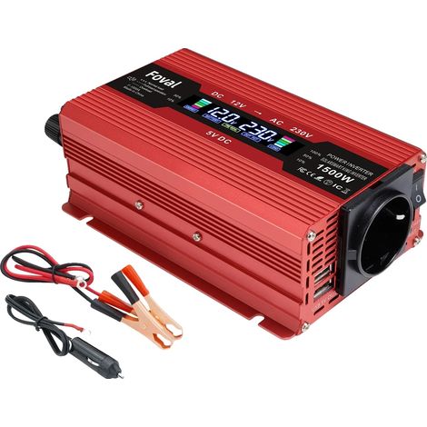 Inversor de potencia, onda sinusoidal modificada, dos puertos USB, 1500 W, rojo. (1/2)