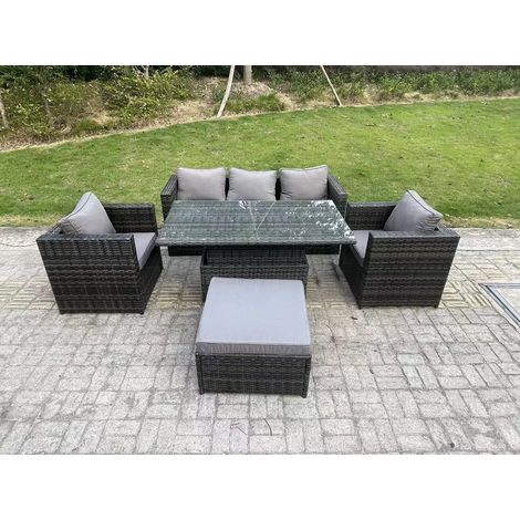 Fimous Rattan Gartenmöbel Sofa Set im Freien Einstellbarer aufsteigender Esstisch Set mit 2 Sesseln Großer Fußhocker Dunkelgrau gemischt (1/5)
