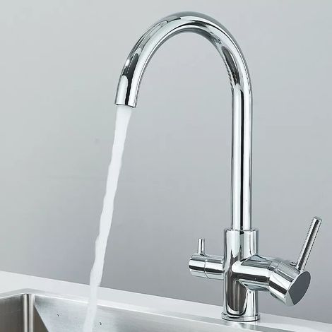 Robinet Cuisine 3 voies Chromé Pivotant à 360°, Mitigeur d'Evier Filtre à Eau en Laiton, Robinet de Cuisine avec Sortie Eau Filtrée pour Eau Potable chromé (1/5)
