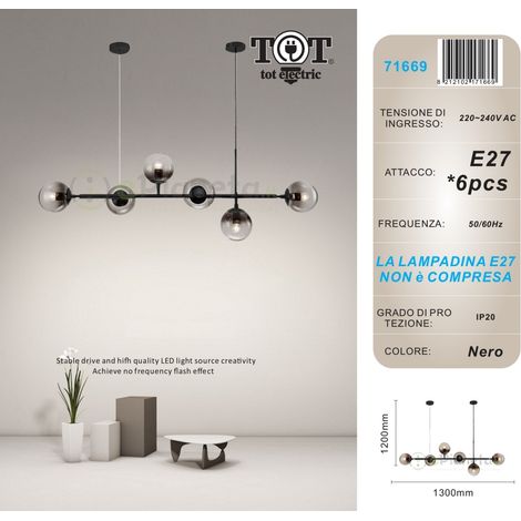 Lampadario sospensione bolle 6 sfere attacco E27 trasparenti in vetro lampada da soffitto in metallo oro argento moderno Nero