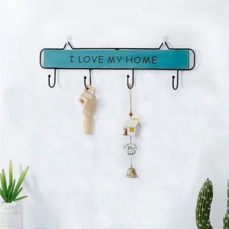 Porte Clef Mural - Accroche Clef 4 Crochets - Bleu - Rangement Pratique - Design Contemporain (1/4)