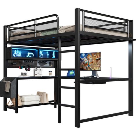 CHICFURN Lit mezzanine 140x200 cm avec bureau, rangements, LED 7 couleurs et station de charge, structure en métal et MDF noir, pour chambre et espace gaming (1/5)