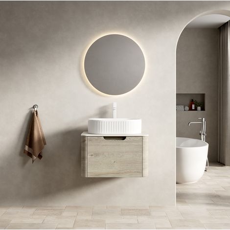 Mueble de baño suspendido 60 cm con lavabo ovalado cerámico y encimera de travertino (1/5)