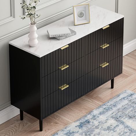 UEV Commode Chambre 6 Tiroirs, Plafond Couleur Marbré, Meuble de Rangement, Chambre/Salon 100 x 34 x 73cm, Meuble Tiroir Rangement, Scandinave, Noir (Plafond Marbré)