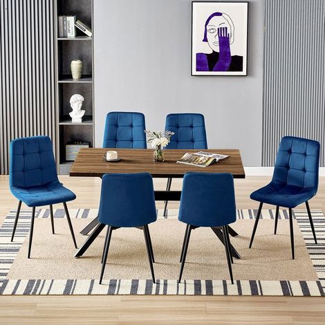 Ensemble table à manger - WAFTING - Modèle MDF - 6 chaises velours bleu - Table bois foncé - 140x80x73 cm (1/5)