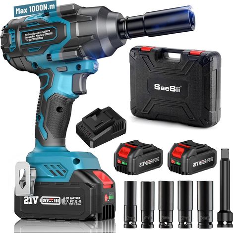 Clé à chocs sans fil 1000 N.m – Moteur Brushless – 2 batteries 4.0Ah – Chargeur rapide – 5 douilles pour voiture et maison