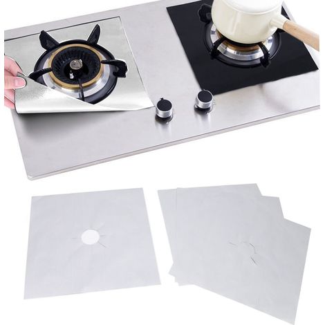 4 Pièces Protège-Brûleurs de Cuisinière Revêtement PTFE Anti-Adhésif, Protections pour Plaques de Cuisson Gaz, 27x27cm Argent 0.1mm