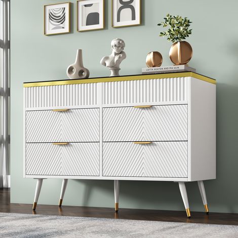Commode 6 tiroirs 120x40x76 cm, dessus verre ambré, séparateurs amovibles, anti-basculement, panneaux de particules - Couleur Blanc (1/5)
