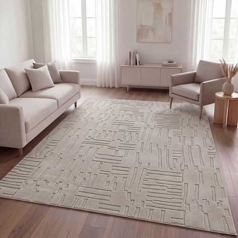 Shaggy Tapis Chambre Haut Poil Bohème Scandi Abstrait Unis Lavable Geometrique, Beige 6, 200x280 cm (1/5)
