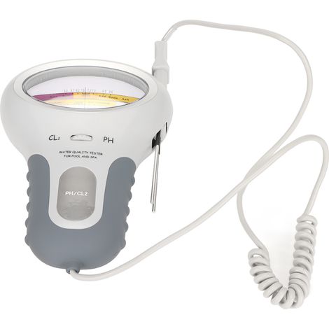Tragbares, batteriebetriebenes Wasserqualitätsmessgerät mit großem Chlor- und pH-Display und Sonde für Schwimmbäder und Spas.