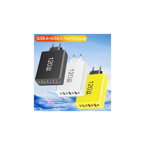 Ortviai – USB-C-Ladegerät 120 W mit 7 Anschlüssen – 4 × USB-C und 3 × USB-A, Schnellladung, EU-Stecker, Modell 70-3A4C – kompatibel mit iPhone, Samsung und Huawei (1/3)