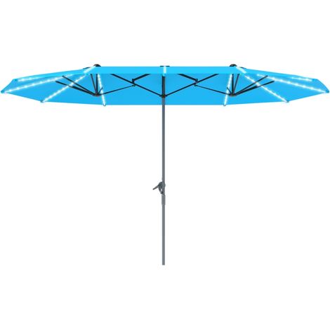 Parasol, en aluminium, éclairage LED, bleu, 451 x 267 cm, pour jardin et terrasse, pare-vent pour balcon et jardin, format pratique