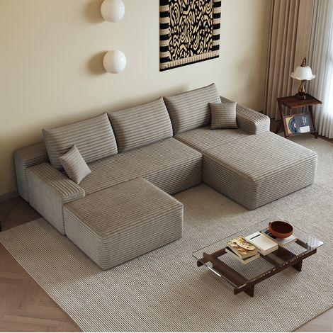 Divano angolare modulare 270 cm color cammello con chaise longue, in tessuto effetto corduroy, senza montaggio (1/5)