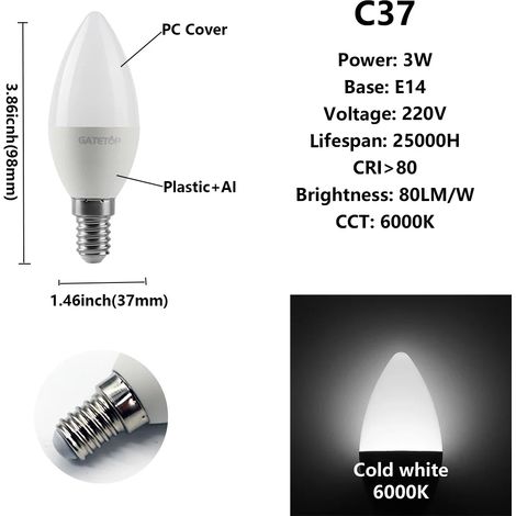 (C37 3W E14 6000K, 220V) 8 ampoules LED, pour l'éclairage domestique et la décoration intérieure. (1/3)