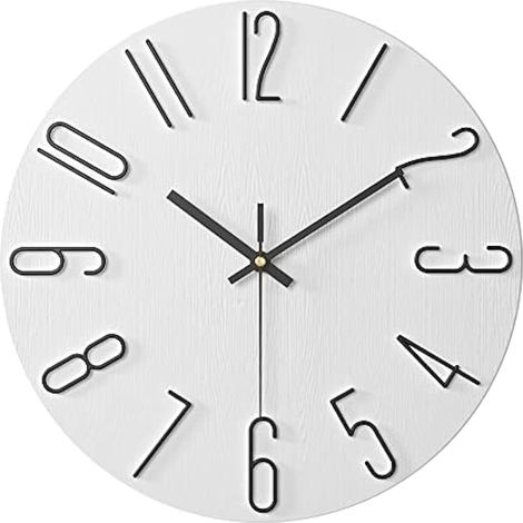 Horloge murale ronde 12 pouces sans tic-tac, grand chiffre 3D moderne quartz silencieux, sans cadre ultra-fin effet bois grain, pour salon cuisine bureau école (Blanc)