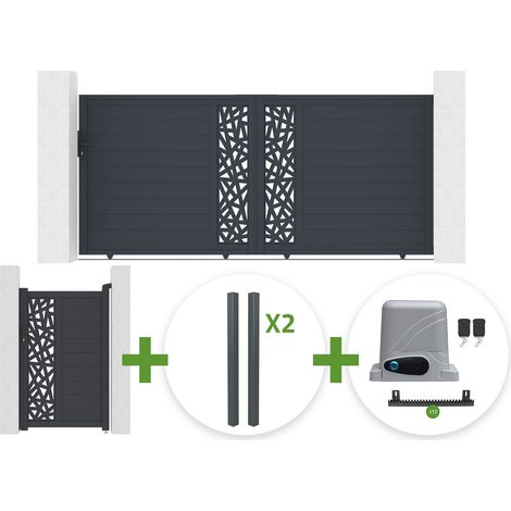 Portail coulissant 3,5m RUIVO H.160cm aluminium gris + Portillon 1m RUIVO H.160cm + 4 poteaux + motorisation Ranger C300 (1/5)