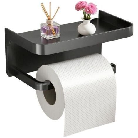 Porte-rouleau de papier toilette avec support mobile – Porte-papier hygiénique autocollant pour salle de bain (noir, carré, 18 x 10 x 8 cm) (1/5)