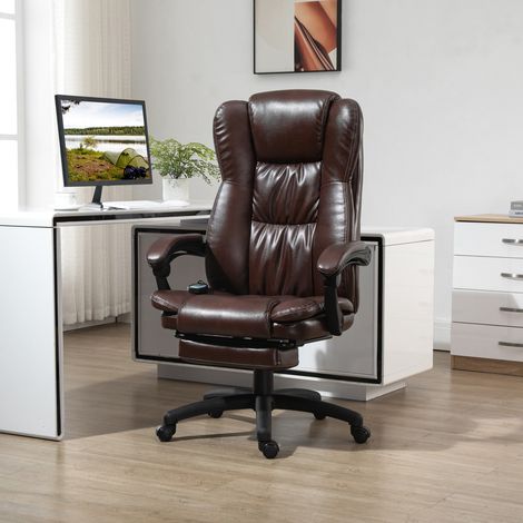 Fauteuil pivotant réglable avec repose-pieds, appui-tête et fonction massage, revêtement en similicuir, 68,5 x 68,5 x 113-121 cm, marron