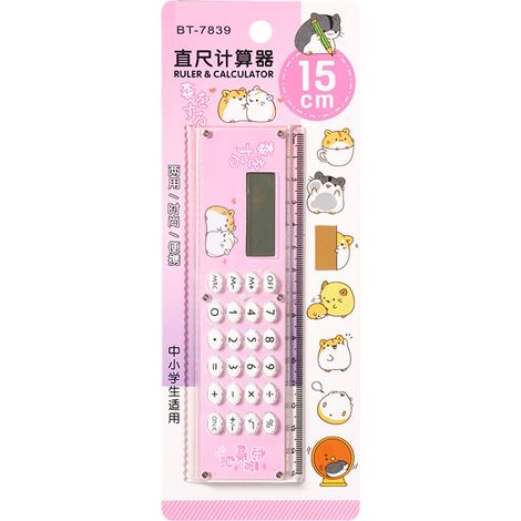 Calculatrice compacte rose, règle mignonne portable en acrylique, touches silicone, outil de calcul externe avec pile (1/5)