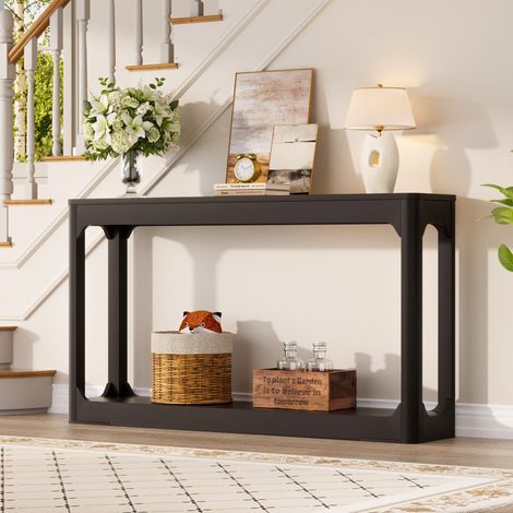 Table d’appoint 140 cm noire en MDF au style minimaliste avec rangements ouverts (1/5)