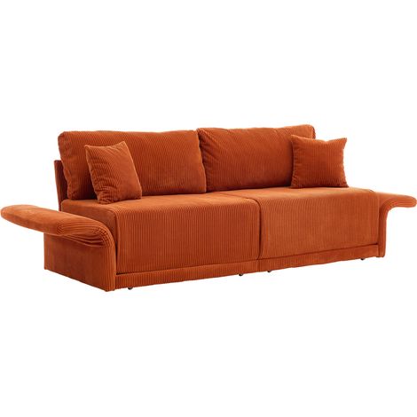 Sofá Convertible En Pana, Respaldo Plegable, Estructura Metálica, Reposabrazos De Madera, Naranja (1/5)