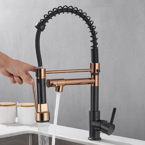 Robinet de cuisine extractible 2 fonctions, mitigeur monocommande orientable 360°, eau chaude et froide, finition noir mat, pour évier domestique. (1/5)