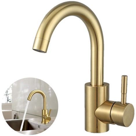 Mitigeur lavabo doré brossé – Pivotant 360° – Acier inoxydable 304 – Montage au pont – Économie d'eau 30% (1/5)