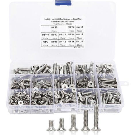 Jeu de 260 vis plates M4/M5/M6 à six pans creux en acier inoxydable 304 pour l'industrie électronique
