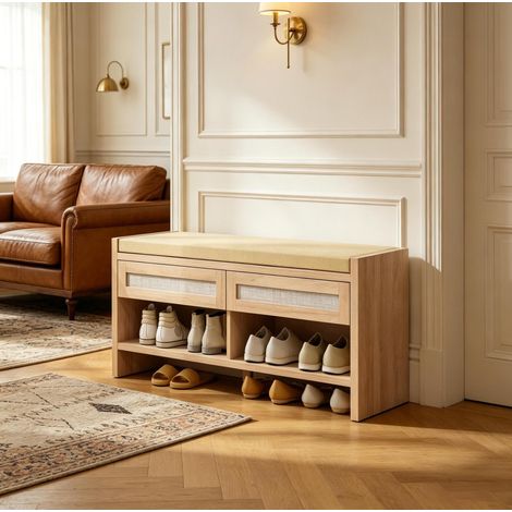 Meuble chaussures banc d'entrée avec coussin, 2 compartiments en rotin PE et étagère ouverte HAVRYA (1/5)