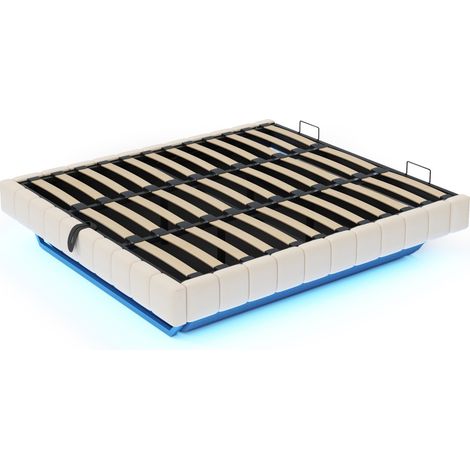 Letto contenitore imbottito 180x200 cm in lino beige con LED e struttura metallica (1/5)