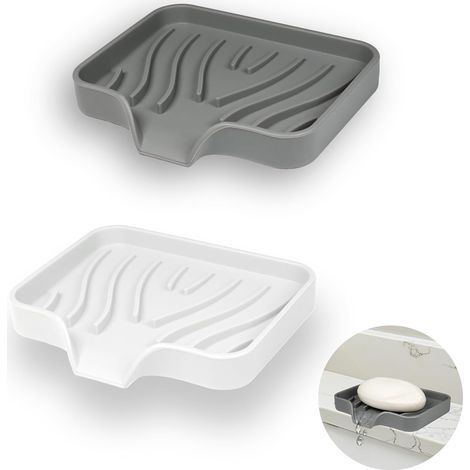 2-teilige Badezimmer-Seifenschale, Silikon-Seifenschale, Seifenschale mit Abfluss, rutschfester Seifenhalter, (weiß + grau)