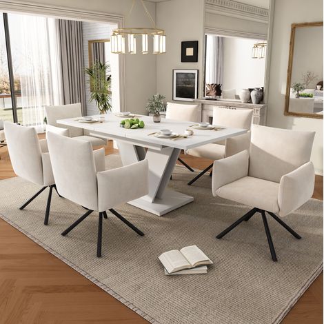 Mesa de comedor extensible con sillas de terciopelo, tablero blanco, patas en V, MDF (1/5)